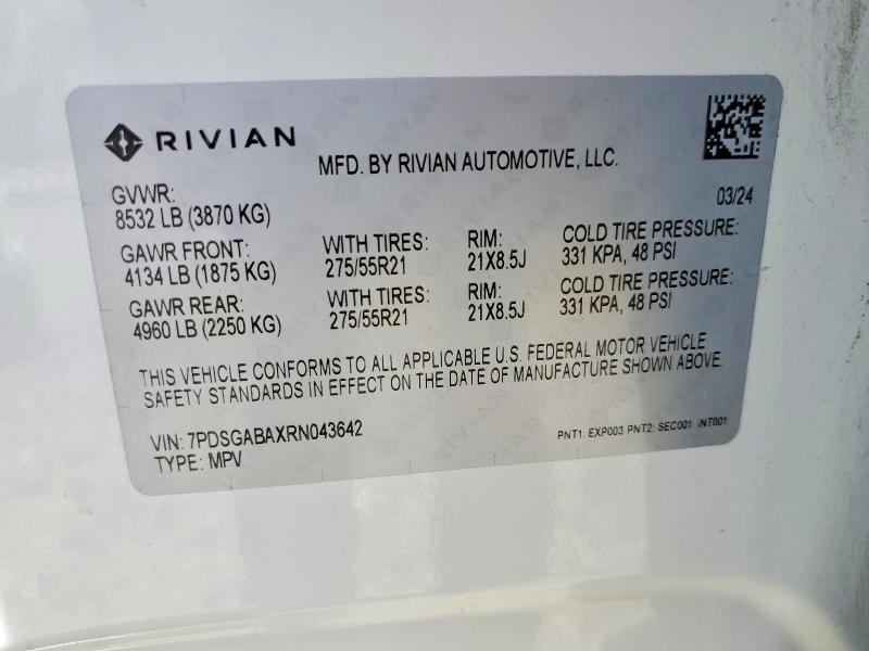 2024 Rivian R1s მანქანა იყიდება აუქციონზე, vin: 7PDSGABAXRN043642, აუქციონის ნომერი: 55726536