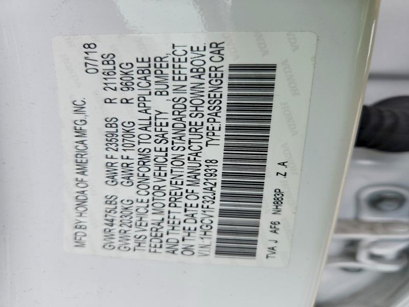 Продажа на аукционе авто 2018 Honda Accord, vin: 1HGCV1F32JA219318, номер лота: 57512016