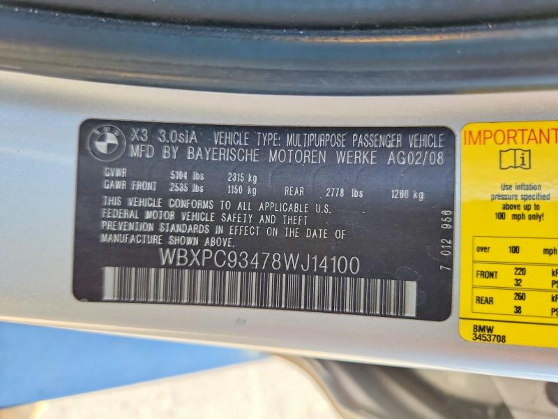 Продажа на аукционе авто 2008 Bmw X3, vin: WBXPC93478WJ14100, номер лота: 57316926
