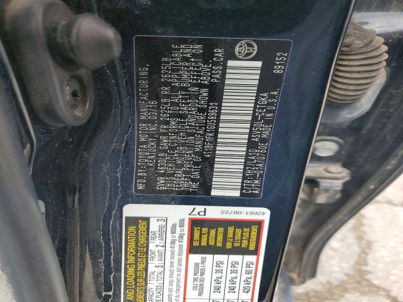 2016 Toyota Camry მანქანა იყიდება აუქციონზე, vin: 4T1BF1FK1GU589631, აუქციონის ნომერი: 57683206