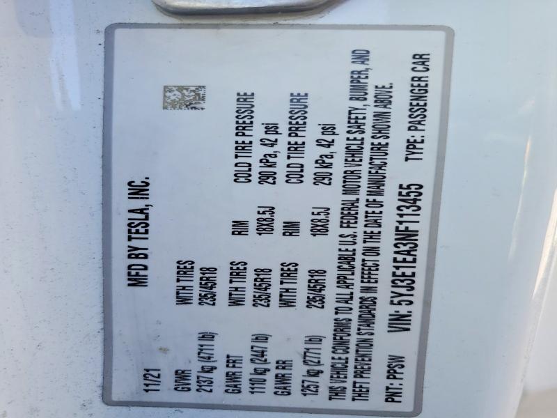 56442486 :رقم المزاد ، 5YJ3E1EA3NF113455 vin ، 2022 Tesla Model 3 مزاد بيع