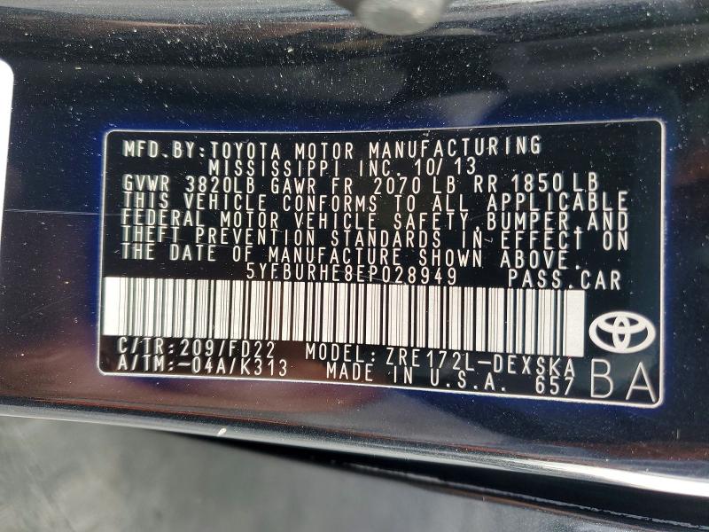 Aukcja sprzedaży 2014 Toyota Corolla, vin: 5YFBURHE8EP028949, numer aukcji: 55948776
