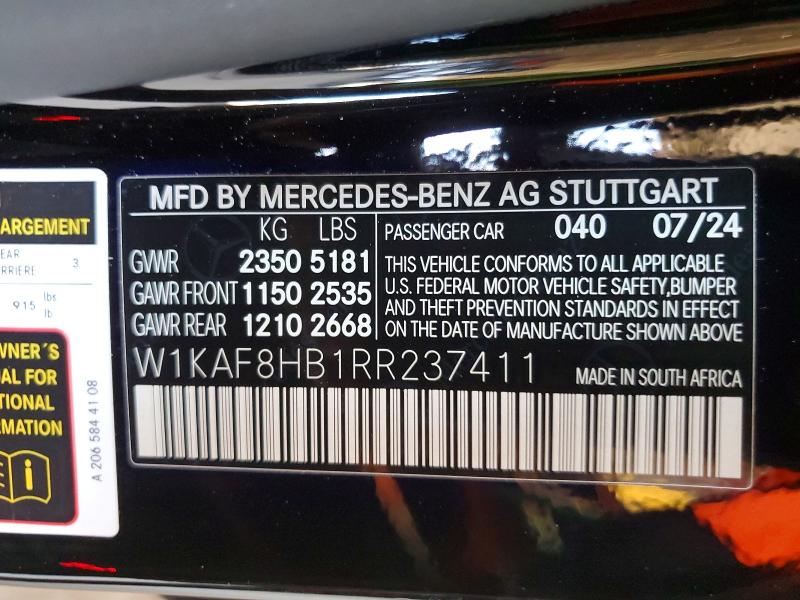 2024 Mercedes-benz C მანქანა იყიდება აუქციონზე, vin: W1KAF8HB1RR237411, აუქციონის ნომერი: 58127596