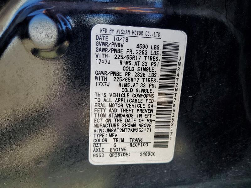 2019 Nissan Rogue მანქანა იყიდება აუქციონზე, vin: JN8AT2MT7KW253171, აუქციონის ნომერი: 56224776