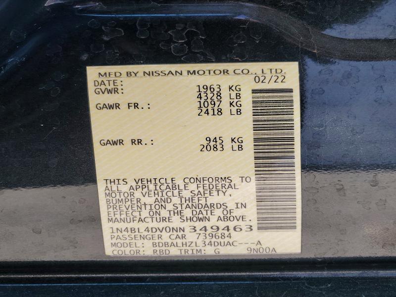 Aukcja sprzedaży 2022 Nissan Altima, vin: 1N4BL4DV0NN349463, numer aukcji: 57535556