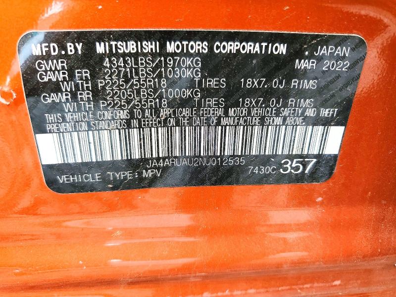 2022 Mitsubishi Outlander Sport მანქანა იყიდება აუქციონზე, vin: JA4ARUAU2NU012535, აუქციონის ნომერი: 58269096