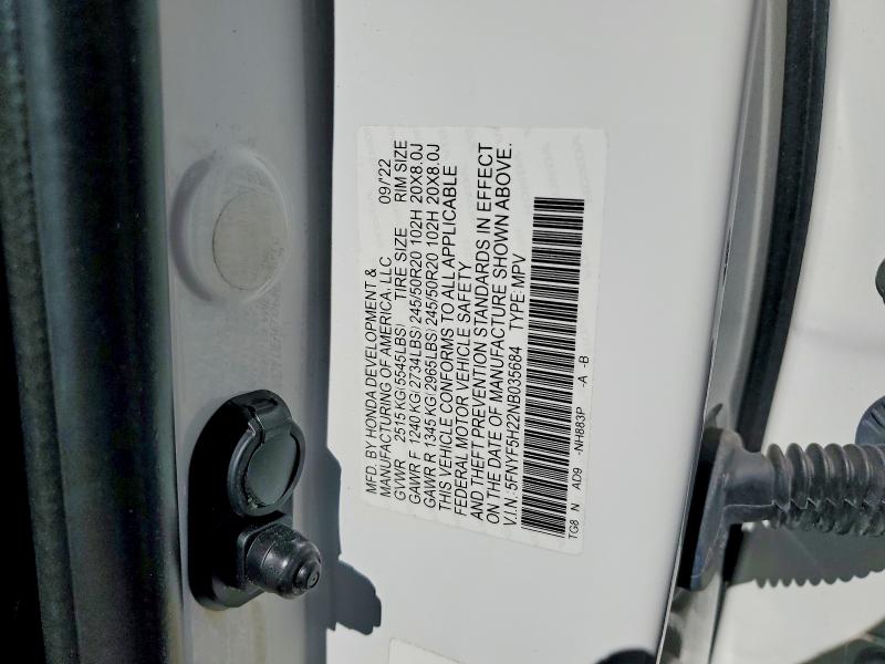 Продажа на аукционе авто 2022 Honda Pilot, vin: 5FNYF5H22NB035684, номер лота: 56719946