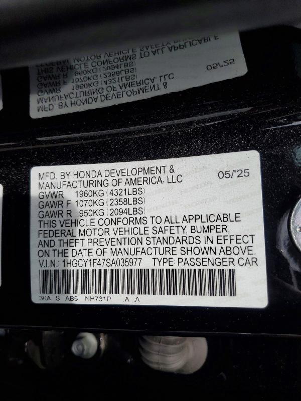 2025 Honda Accord მანქანა იყიდება აუქციონზე, vin: 1HGCY1F47SA035977, აუქციონის ნომერი: 56698396