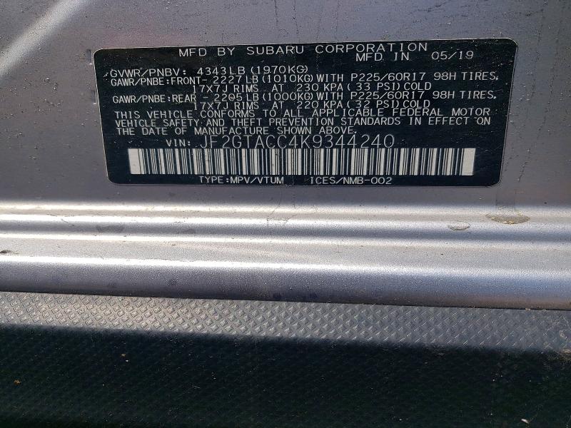 58646116 :رقم المزاد ، JF2GTACC4K9344240 vin ، 2019 Subaru Crosstrek مزاد بيع