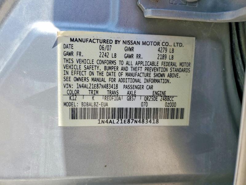 Auction sale of the 2007 Nissan Altima, vin: 1N4AL21E87N483418, lot number: 58949506