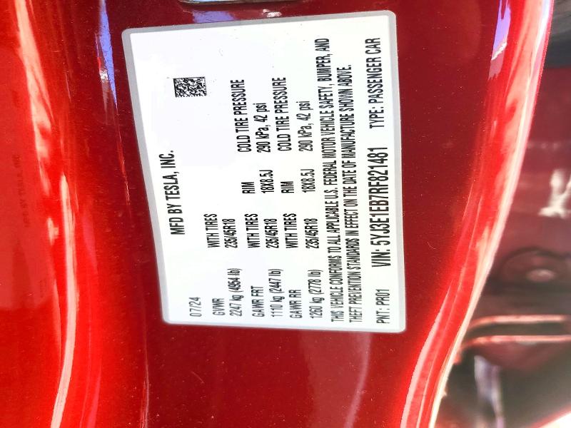 56060526 :رقم المزاد ، 5YJ3E1EB7RF821481 vin ، 2024 Tesla Model 3 مزاد بيع