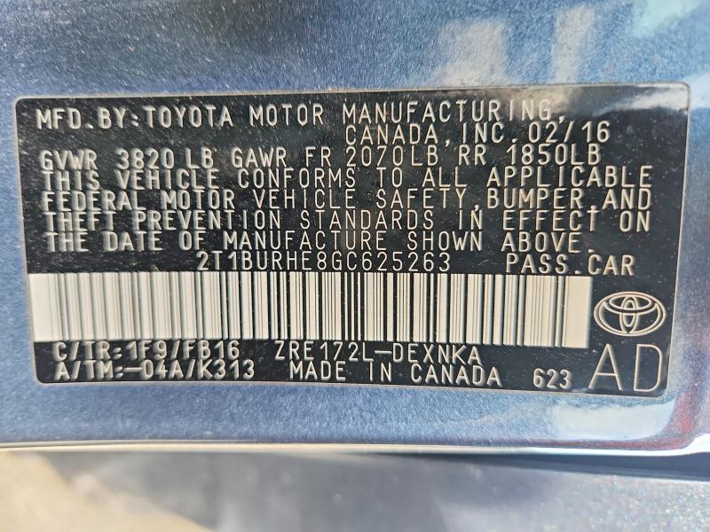 Продажа на аукционе авто 2016 Toyota Corolla, vin: 2T1BURHE8GC625263, номер лота: 56063466