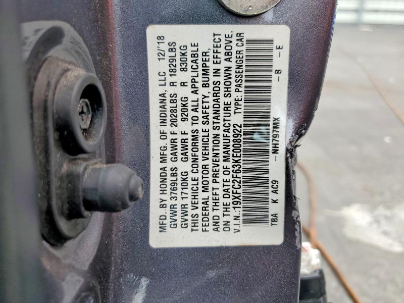 55882876 :رقم المزاد ، 19XFC2F63KE008922 vin ، 2019 Honda Civic مزاد بيع