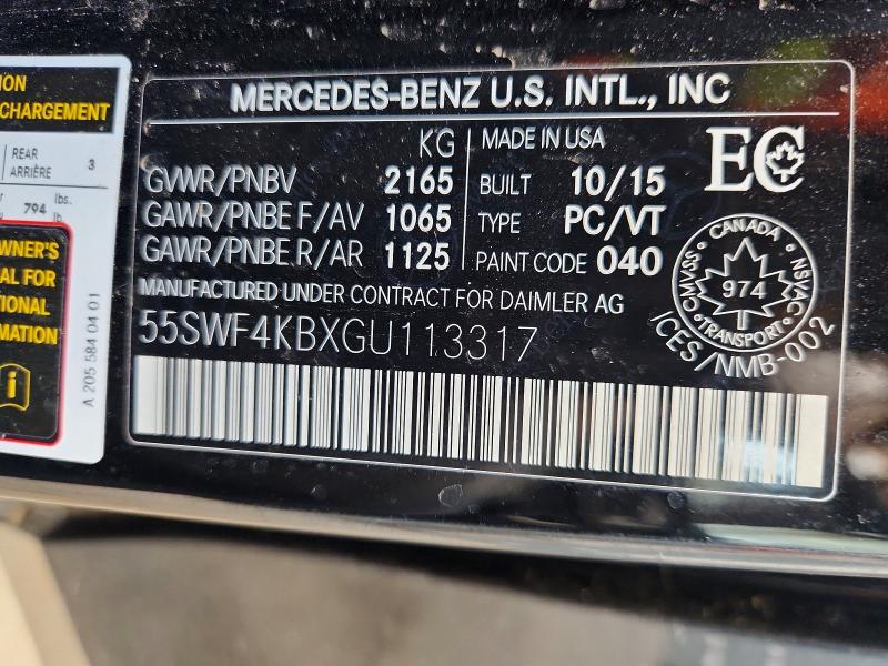 57215156 :رقم المزاد ، 55SWF4KBXGU113317 vin ، 2016 Mercedes-benz C مزاد بيع