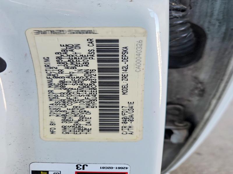 Aukcja sprzedaży 2012 Toyota Corolla, vin: 5YFBU4EE0CP037276, numer aukcji: 56355726