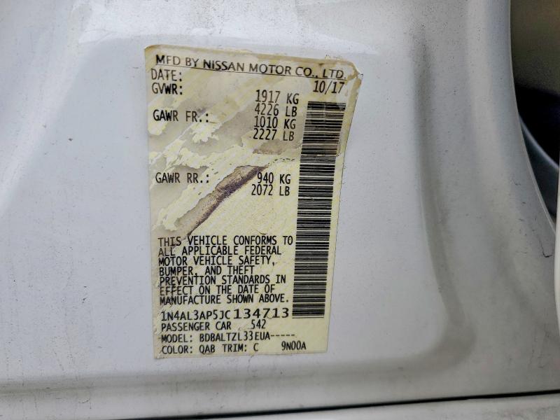 2018 Nissan Altima მანქანა იყიდება აუქციონზე, vin: 1N4AL3AP5JC134713, აუქციონის ნომერი: 58318166