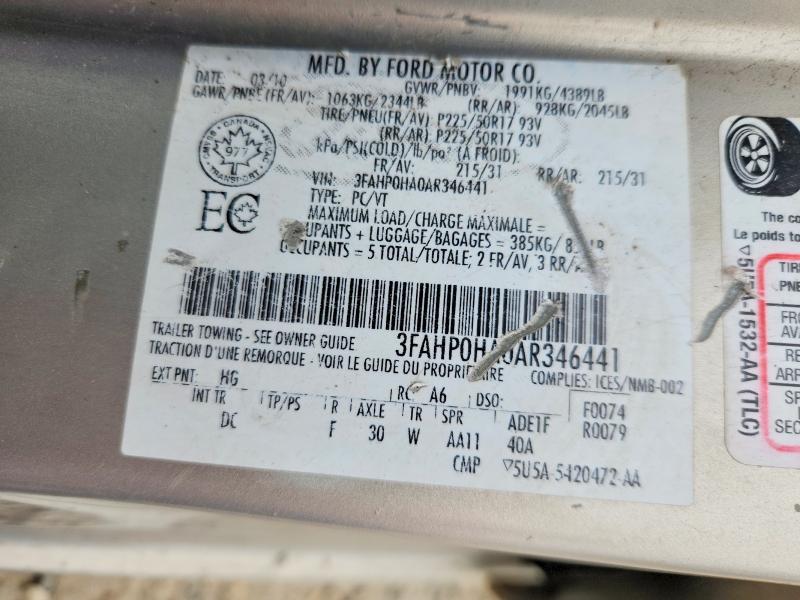 Продаж на аукціоні авто 2010 Ford Fusion, vin: 3FAHP0HA0AR346441, номер лоту: 56867526