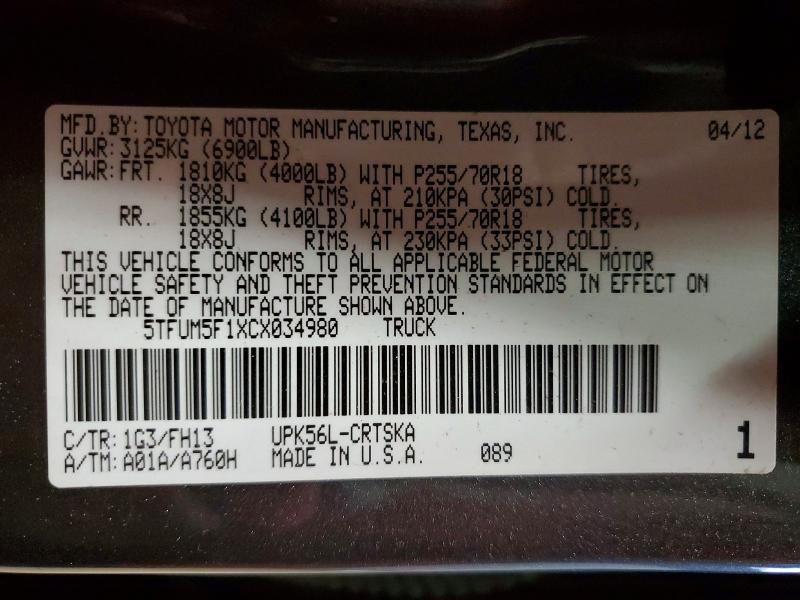Продажа на аукционе авто 2012 Toyota Tundra, vin: 5TFUM5F1XCX034980, номер лота: 58113936