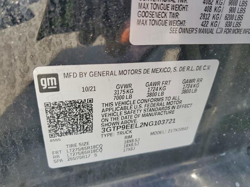 2022 Gmc Sierra Limited მანქანა იყიდება აუქციონზე, vin: 3GTP9EEL2NG103721, აუქციონის ნომერი: 55786026