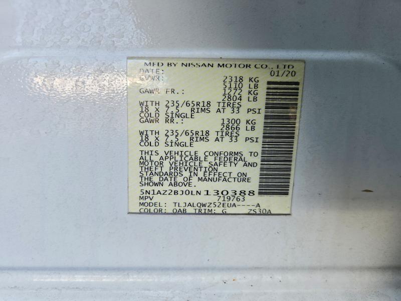 Aukcja sprzedaży 2020 Nissan Murano, vin: 5N1AZ2BJ0LN130388, numer aukcji: 57734036