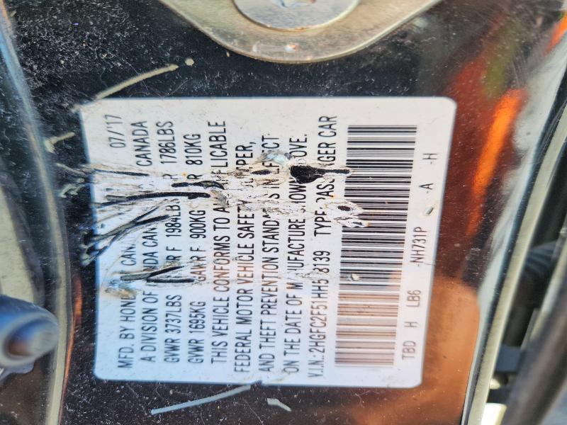 58466106 :رقم المزاد ، 2HGFC2F51HH558139 vin ، 2017 Honda Civic مزاد بيع