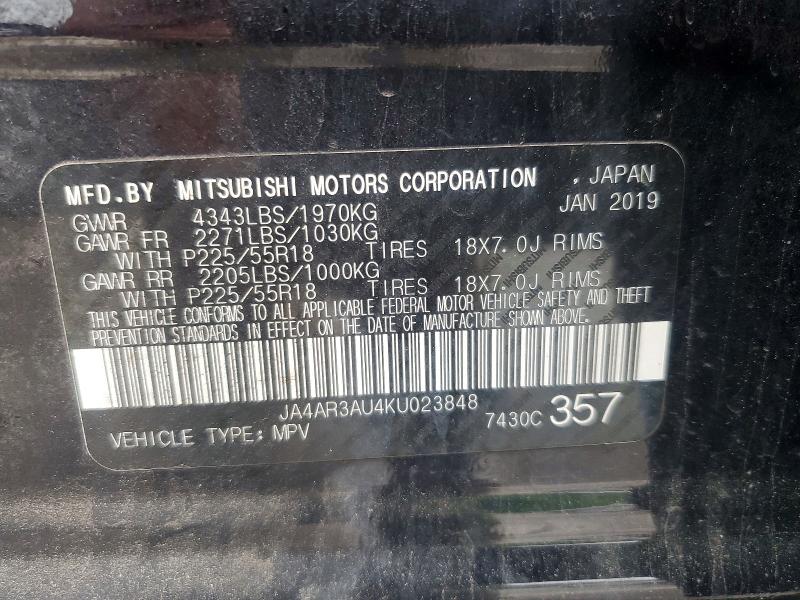 2019 Mitsubishi Outlander Sport მანქანა იყიდება აუქციონზე, vin: JA4AR3AU4KU023848, აუქციონის ნომერი: 57293486