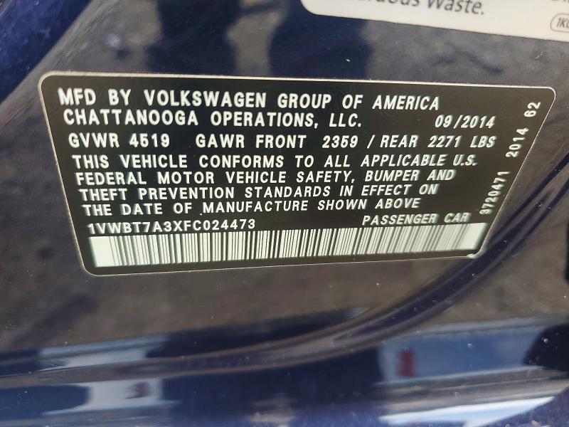 Продажа на аукционе авто 2015 Volkswagen Passat, vin: 1VWBT7A3XFC024473, номер лота: 58530326