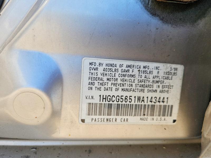 57949026 :رقم المزاد ، 1HGCG5651WA143441 vin ، 1998 Honda Accord مزاد بيع