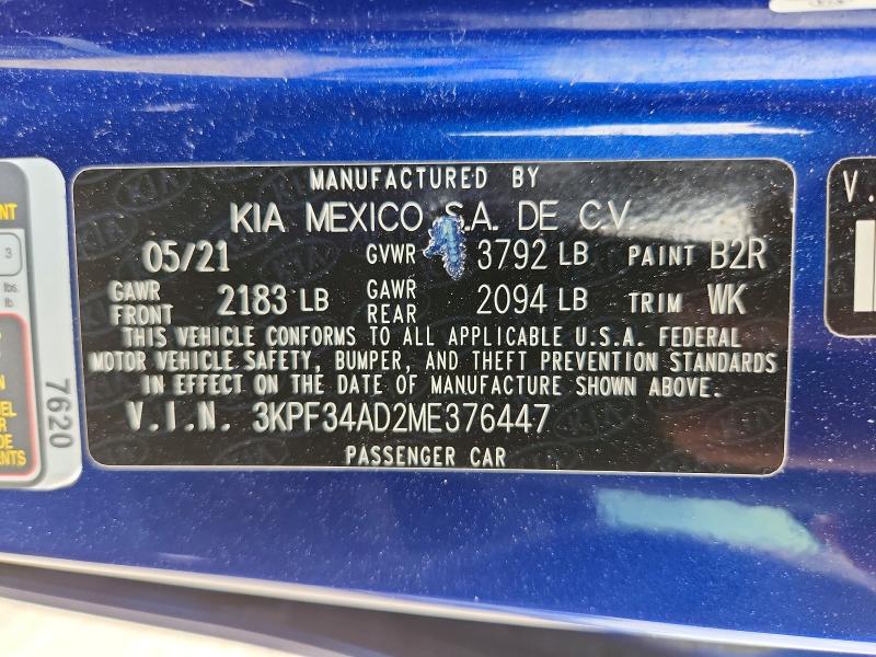 2021 Kia Forte მანქანა იყიდება აუქციონზე, vin: 3KPF34AD2ME376447, აუქციონის ნომერი: 56973856