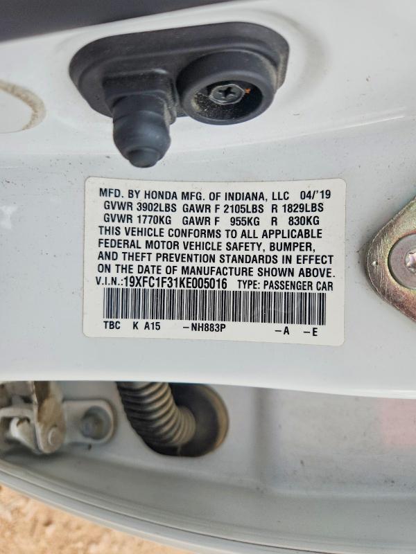 Aukcja sprzedaży 2019 Honda Civic, vin: 19XFC1F31KE005016, numer aukcji: 54902346