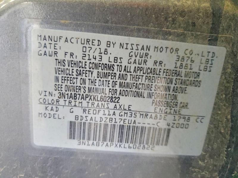 Продажа на аукционе авто 2019 Nissan Sentra, vin: 3N1AB7APXKL602822, номер лота: 55018866