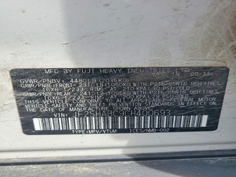 58308276 :رقم المزاد ، JF2SHABC9CH400693 vin ، 2012 Subaru Forester مزاد بيع