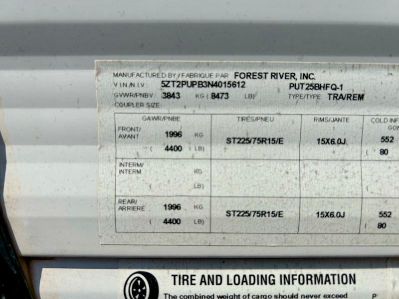 57550776 :رقم المزاد ، 5ZT2PUPB3N4015612 vin ، 2022 Forest River Palomino Puma Put25bhfq-1 مزاد بيع