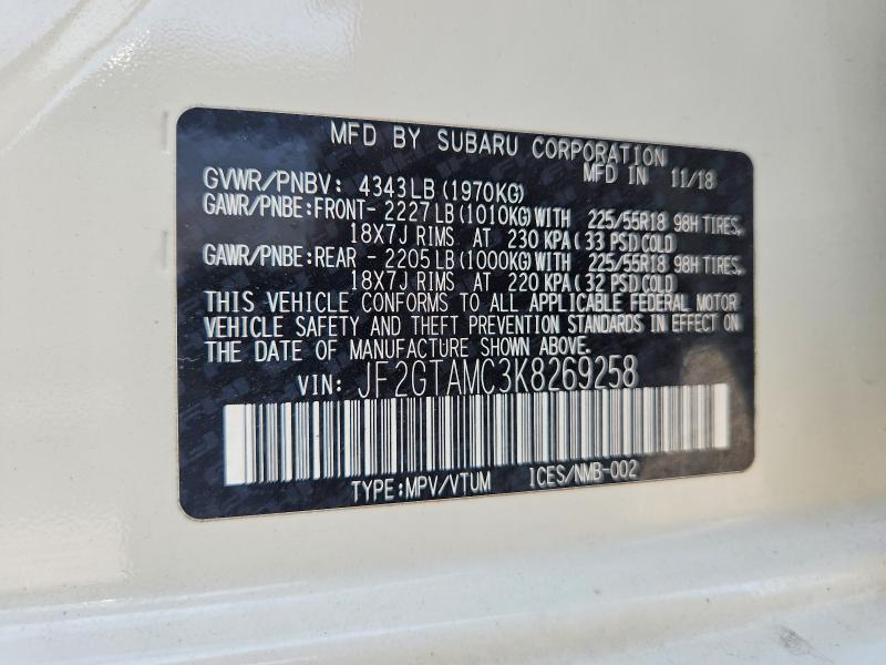 2019 Subaru Crosstrek მანქანა იყიდება აუქციონზე, vin: JF2GTAMC3K8269258, აუქციონის ნომერი: 57494236