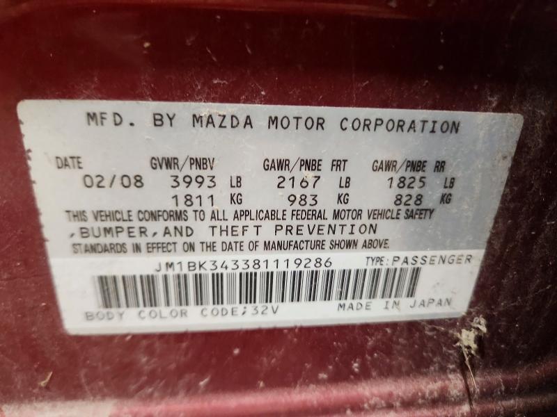 Aukcja sprzedaży 2008 Mazda 3, vin: JM1BK343381119286, numer aukcji: 56067836