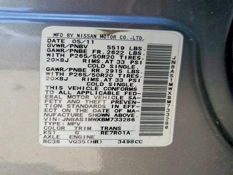 2011 Infiniti Fx35 მანქანა იყიდება აუქციონზე, vin: JN8AS1MWXBM733286, აუქციონის ნომერი: 59534536