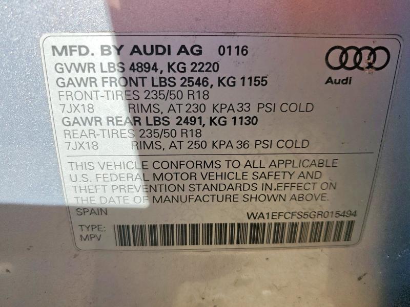 2016 Audi Q3 მანქანა იყიდება აუქციონზე, vin: WA1EFCFS5GR015494, აუქციონის ნომერი: 55764126