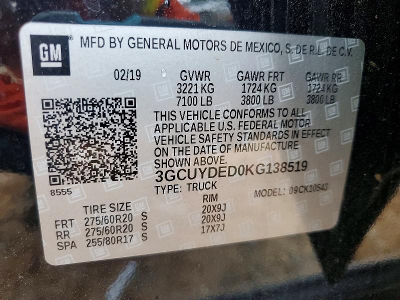 55464326 :رقم المزاد ، 3GCUYDED0KG138519 vin ، 2019 Chevrolet Silverado مزاد بيع