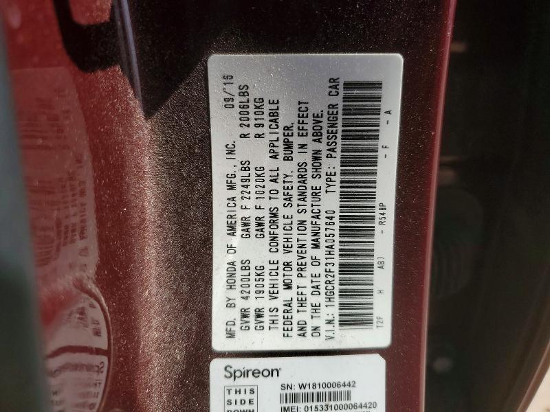 Aukcja sprzedaży 2017 Honda Accord, vin: 1HGCR2F31HA057640, numer aukcji: 57120506