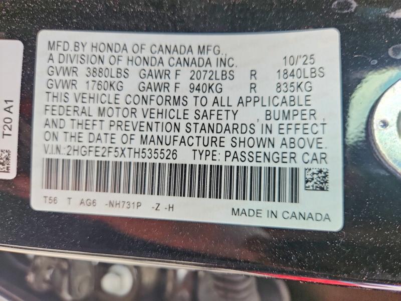 2026 Honda Civic მანქანა იყიდება აუქციონზე, vin: 2HGFE2F5XTH535526, აუქციონის ნომერი: 58049206