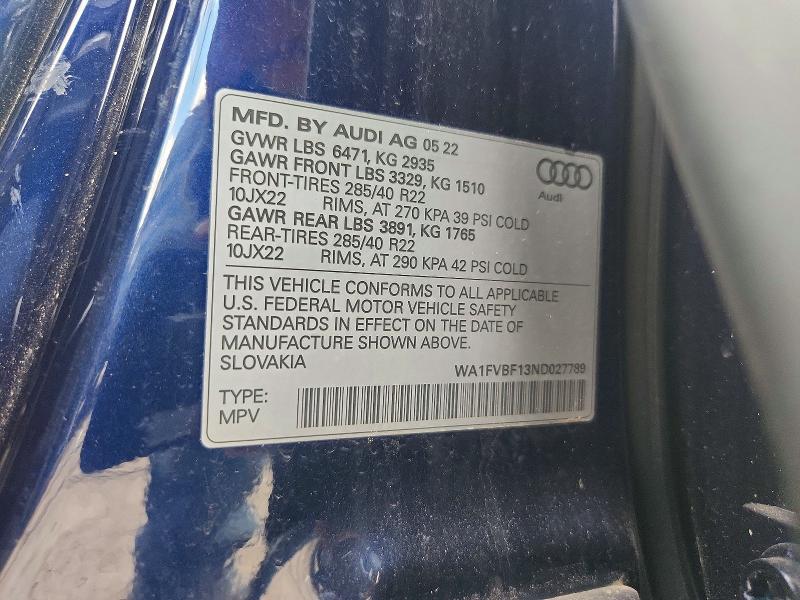 Aukcja sprzedaży 2022 Audi Q8, vin: WA1FVBF13ND027789, numer aukcji: 57949456