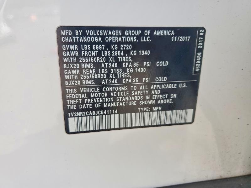2018 Volkswagen Atlas მანქანა იყიდება აუქციონზე, vin: 1V2NR2CA8JC541114, აუქციონის ნომერი: 56184236