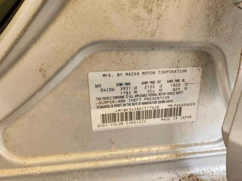 Продажа на аукционе авто 2006 Mazda 3, vin: JM1BK343861517638, номер лота: 55606256