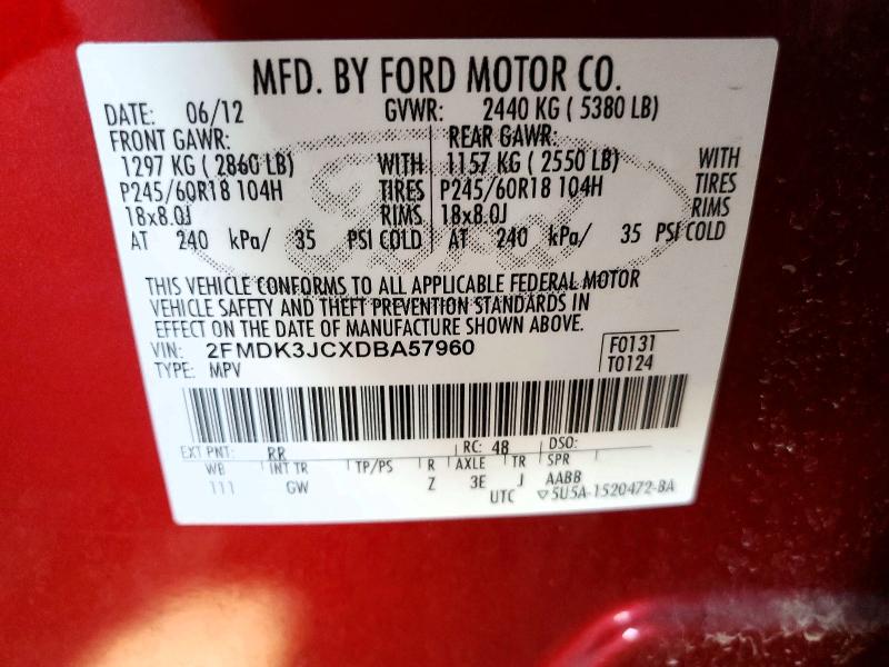 Aukcja sprzedaży 2013 Ford Edge, vin: 2FMDK3JCXDBA57960, numer aukcji: 55977696