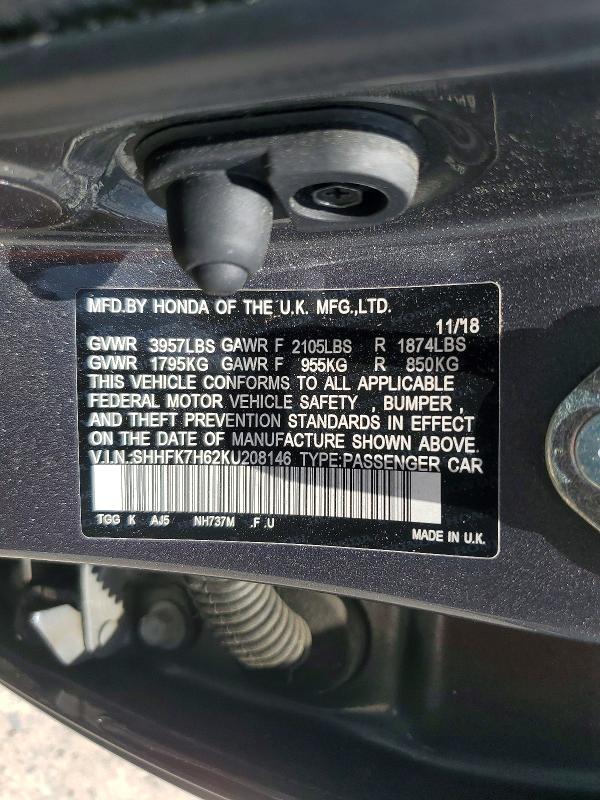 Продаж на аукціоні авто 2019 Honda Civic, vin: SHHFK7H62KU208146, номер лоту: 58621216