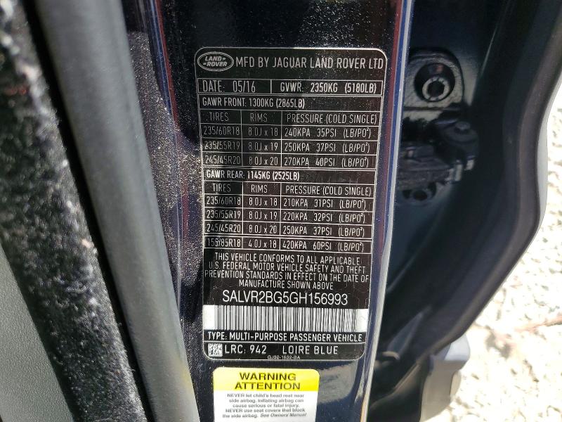 2016 Land Rover Range Rover Evoque მანქანა იყიდება აუქციონზე, vin: SALVR2BG5GH156993, აუქციონის ნომერი: 55515076