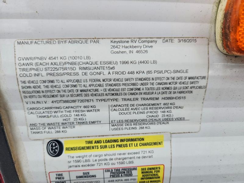 Продаж на аукціоні авто 2015 Keys Hideout 38bhds, vin: 4YDT38B28F7207671, номер лоту: 55522596