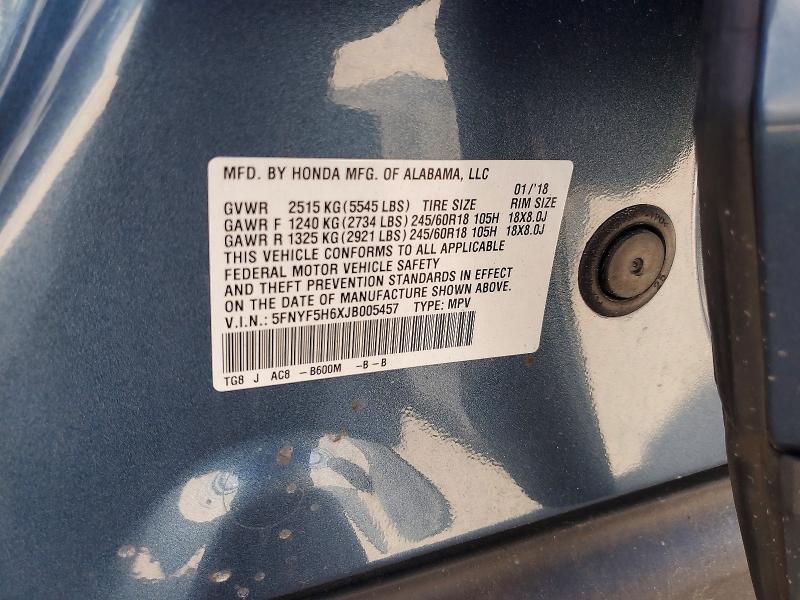 Продажа на аукционе авто 2018 Honda Pilot, vin: 5FNYF5H6XJB005457, номер лота: 58161366
