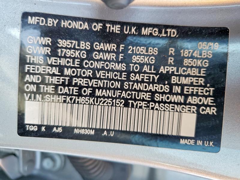 Aukcja sprzedaży 2019 Honda Civic, vin: SHHFK7H65KU225152, numer aukcji: 56882106