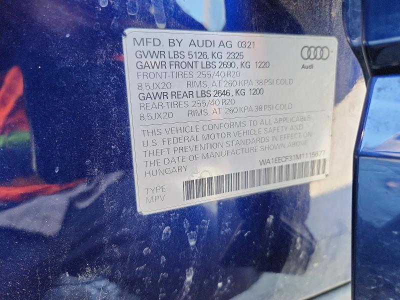 2021 Audi Q3 მანქანა იყიდება აუქციონზე, vin: WA1EECF31M1115677, აუქციონის ნომერი: 55855896